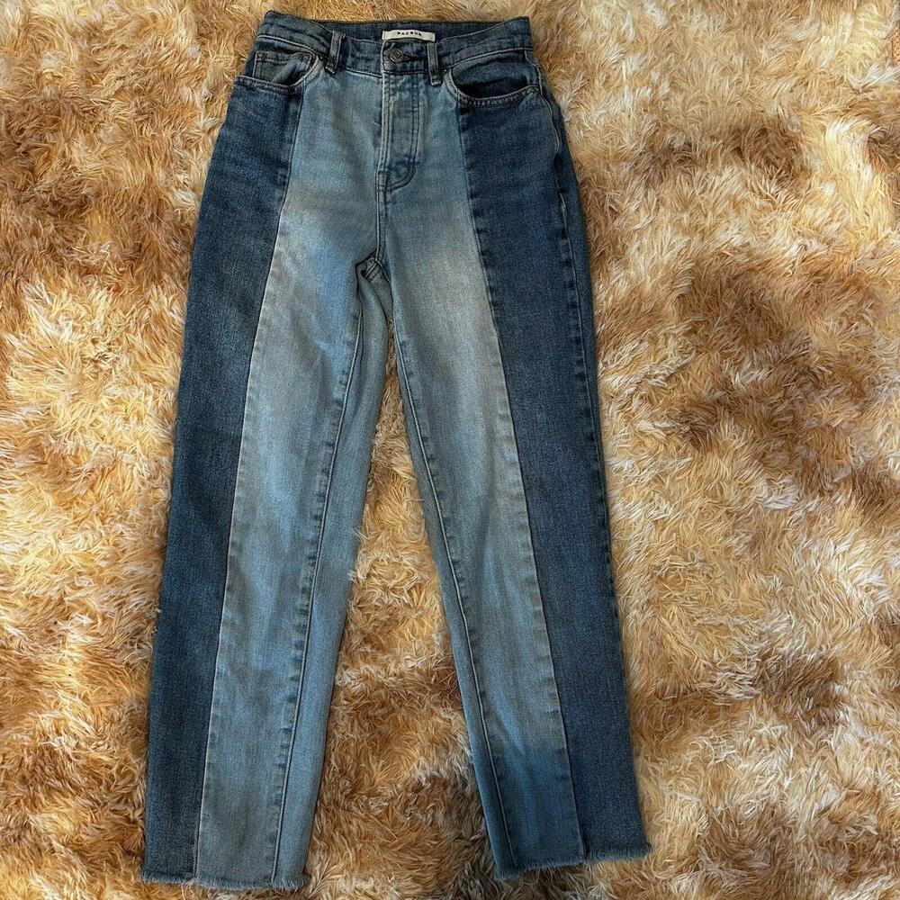 Pacsun Womens Mom Jeans Two Tone Cut & Sew Frayed High Rise Tapered Size 23